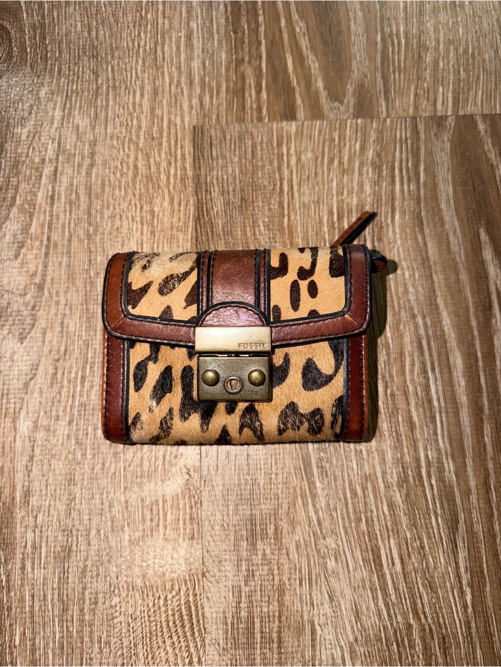 Fossil Leopard Print Wallet in Brown and Tan with Brass-Tone Lock